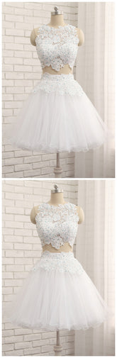 White Lace Juniors Prom Dress Two Piece Homecoming Dress - Dollygown